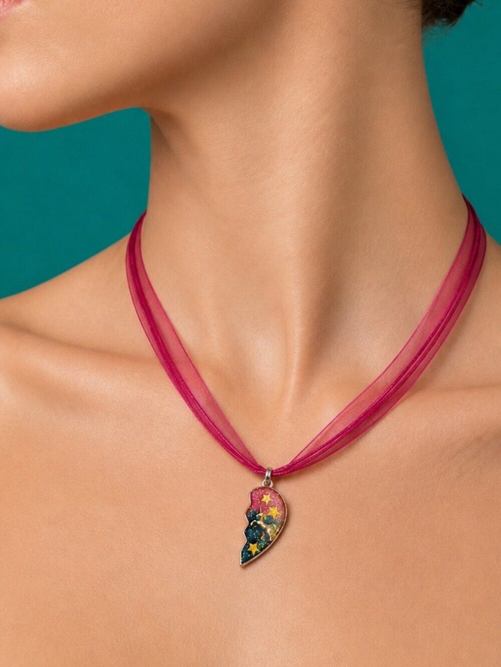 3/$30 Vintage Cute Broken Glitter Unicorn Heart Ribbon Necklace